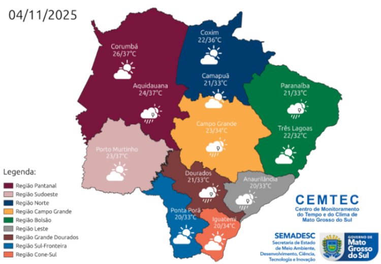 Terça-feira será de sol entre nuvens e chance de chuva em Mato Grosso do Sul