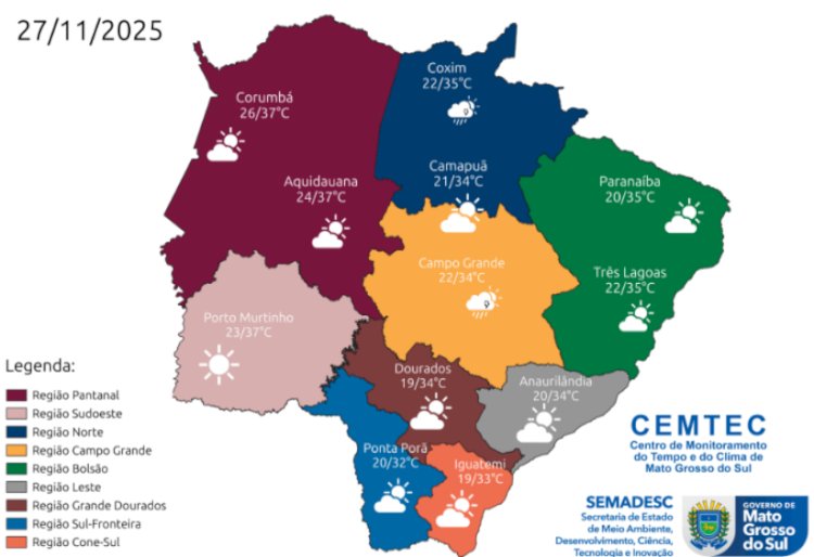 Quinta-feira será quente e com chance de chuvas isoladas em Mato Grosso do Sul